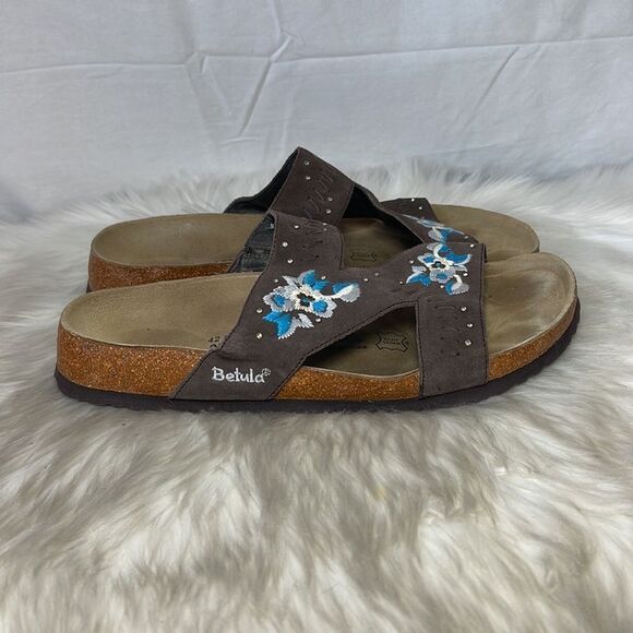 Birkenstock Betula Zara Brown Embroidered Slide Sandals Sz 11 - Picture 4 of 6